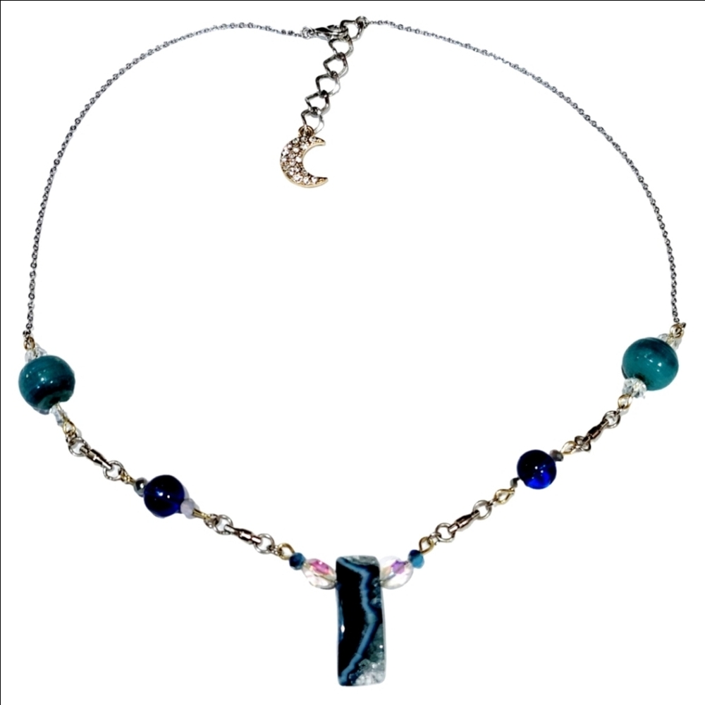 Elegant Blue Hughs, Mixed Medal Handmade Stone, Glass Beaded Necklace
